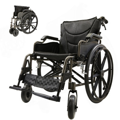 Fauteuil roulant en alliage d'aluminium. Sièges de 18 po. Avec freins à main verrouillables à l'avant et à l'arrière. Roue arrière à retrait rapide de 24 po. Gris nanomètre