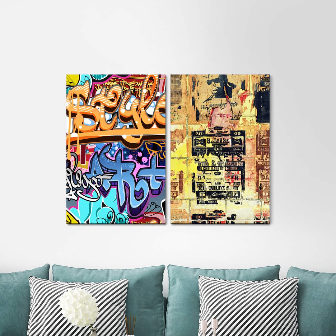 2-tlg. Leinwandbilder-Set - Grafikdruck „Streetart Graffiti Tags Grungy Wall Old Posters”