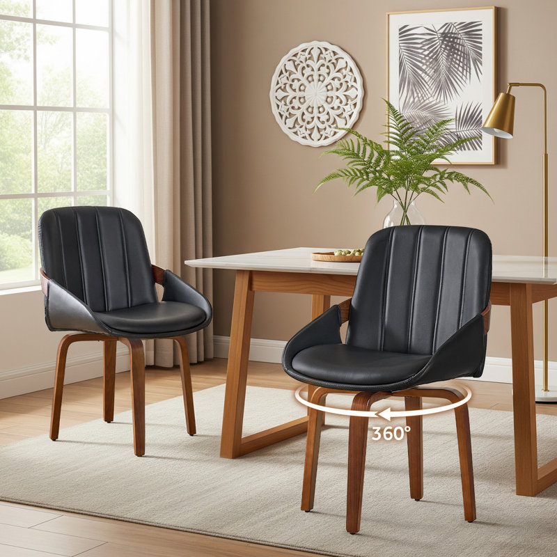 Set of 2 Modern Swivel Dining Chairs, Faux Leather Upholstered Armchairs with 360° Swivel, Solid Wood Legs, 330 lb Weight Capacity