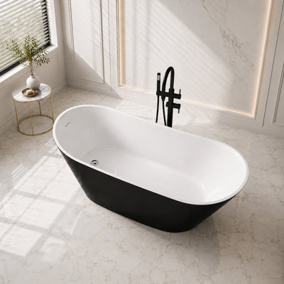 Baignoire autoportante simple 59 po en acrylique, baignoire élégante à haut dossier profond avec trop-plein rainuré et bonde centrale, disponible en plusieurs couleurs