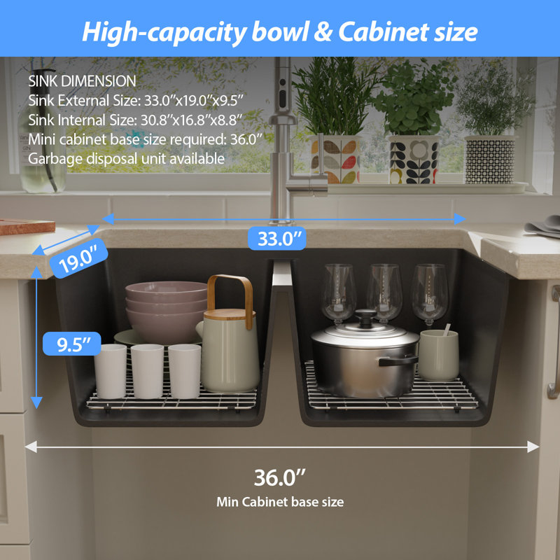 33" L x 19" W Undermount Quartz Double Bowl 50/50 Kitchen Sink Double Bowl Granite Composite Sink, Black