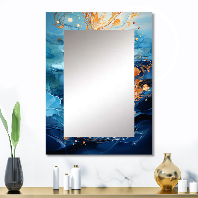 Bleu et doré abstrait River Reflections - miroir mural River, miroir décoratif traditionnel, impression d'art en métal