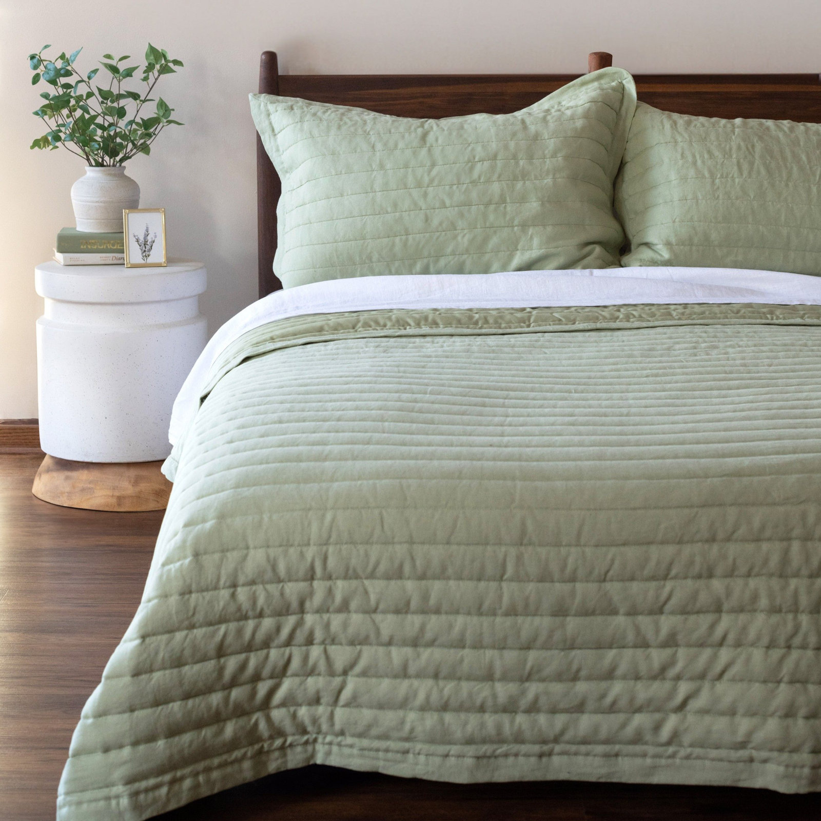 French Linen Channel Stitch Quilt & Sham Set - King/Cal King - Matcha, Matcha, King Quilt + 2 King Shams