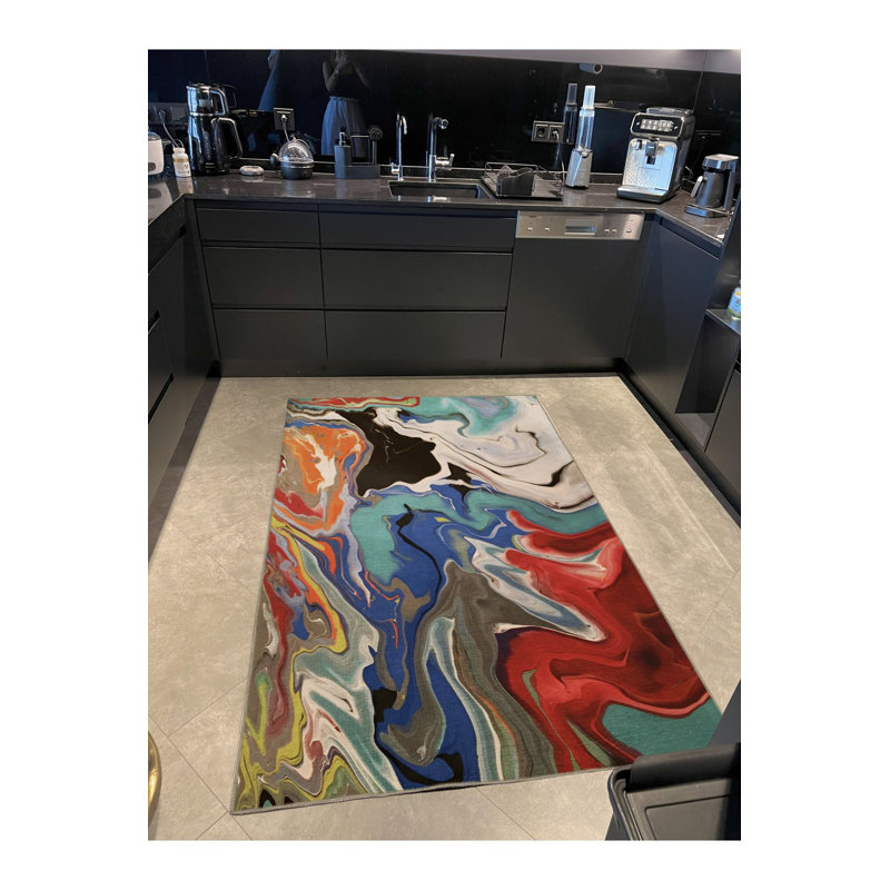 Tapis décoratif moderne à motif vague ondulé multicolore lavable à la machine, Tapis de couloir 2 pi 6 po x 9 pi 10 po inclus
