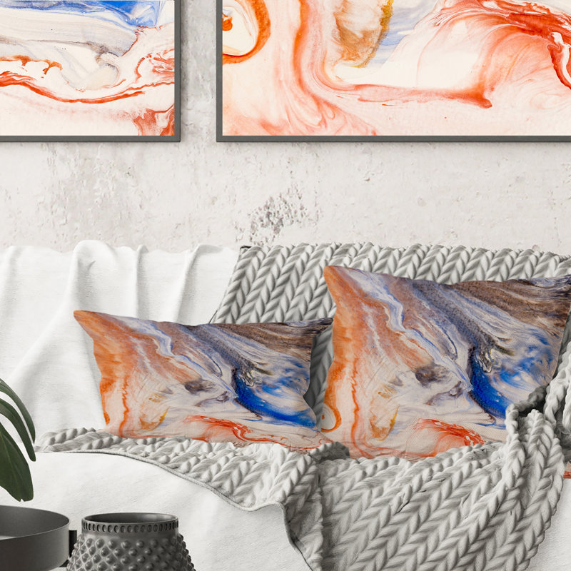 Coussin décoratif orange et bleu à motif de vagues liquides - imprimé moderne, 18 po x 18 po