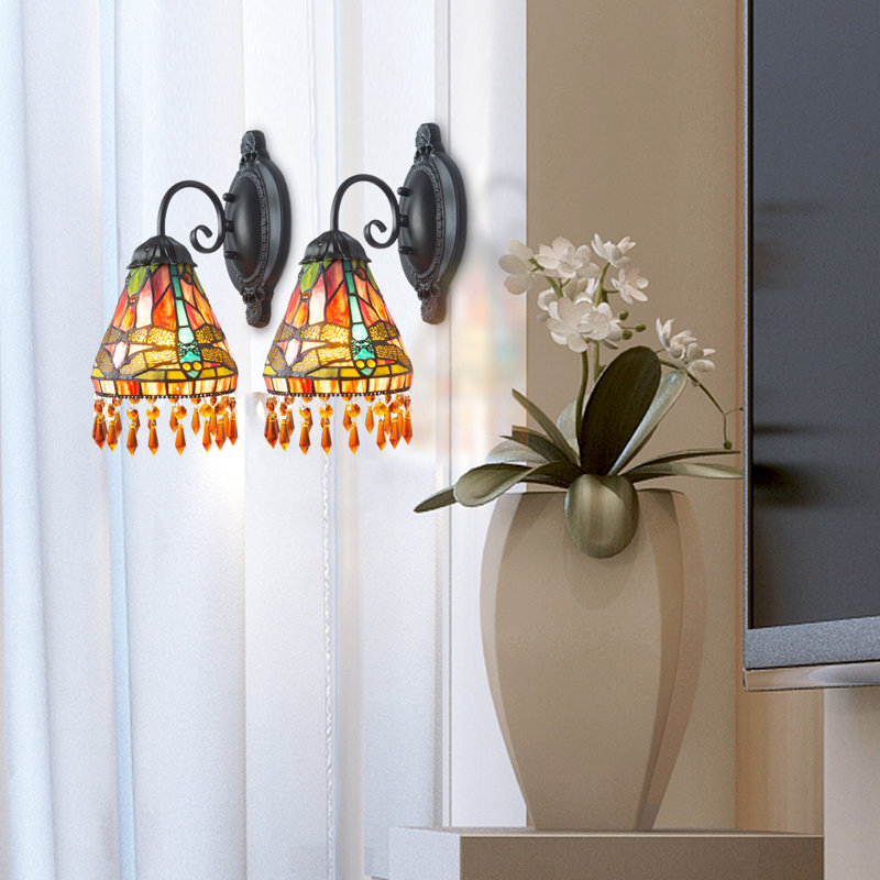 Dragonfly Beaded 2-Piece Tiffany Wall Sconce Set