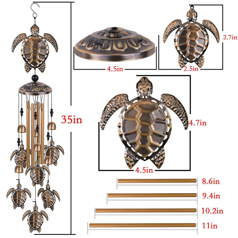 Carillon de tortue de mer au fini bronze avec tubes en métal et décorations pour l'intérieur et l'extérieur