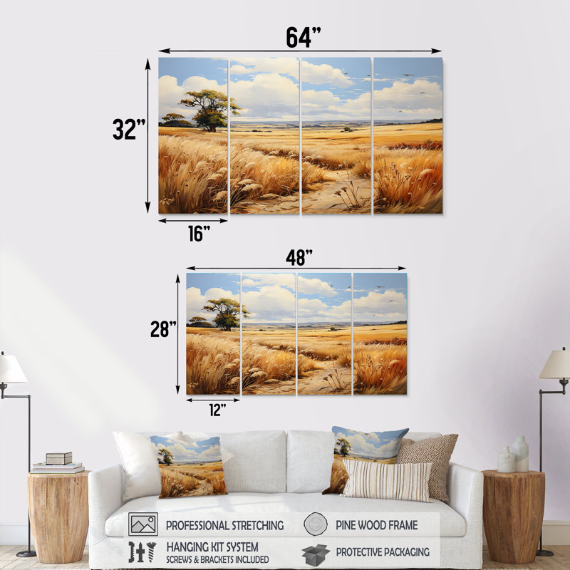«Yellow Wheat Field Meadows II - Meadow», art mural 4 pièces, H 28 po x l 48 po