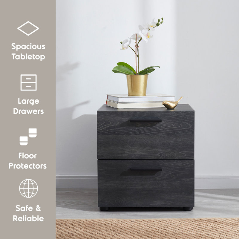Nestl Wooden Nightstand with 2 Drawers, Black, 1