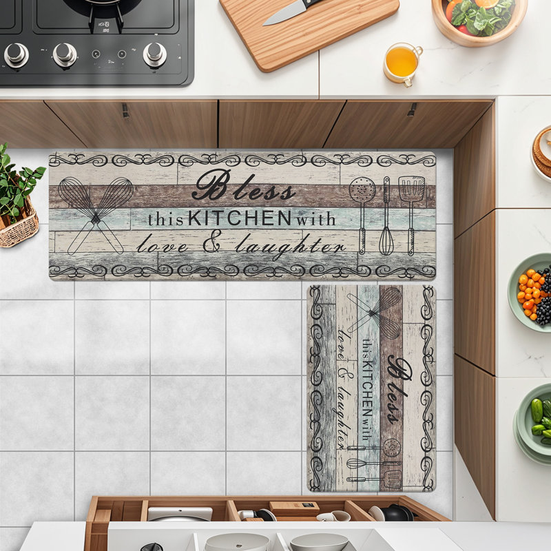 Anti-Fatigue Non-Skid Waterproof Cushioned Kitchen Mat (Set of 2), Teal/Brown/Beige, Runner 20" x 31.5" + 20" x 59"