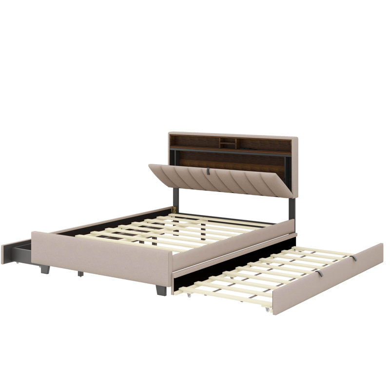 Lit plateforme rembourré avec tête de lit à rangement, Beige, Lit double