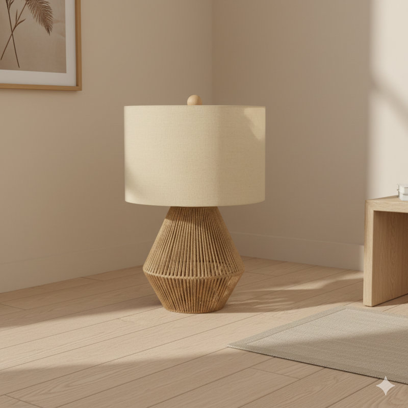 Lighting, H 22 po, lampe de table, corde brune, abat-jour beige, transitionnel