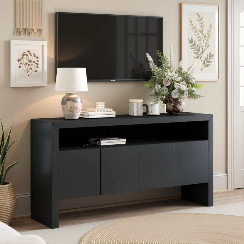 Buffet 60 po, console moderne à 4 portes avec tablette ouverte, buffet en placage de pin et meuble télé avec portes à fermeture en douceur 60 po