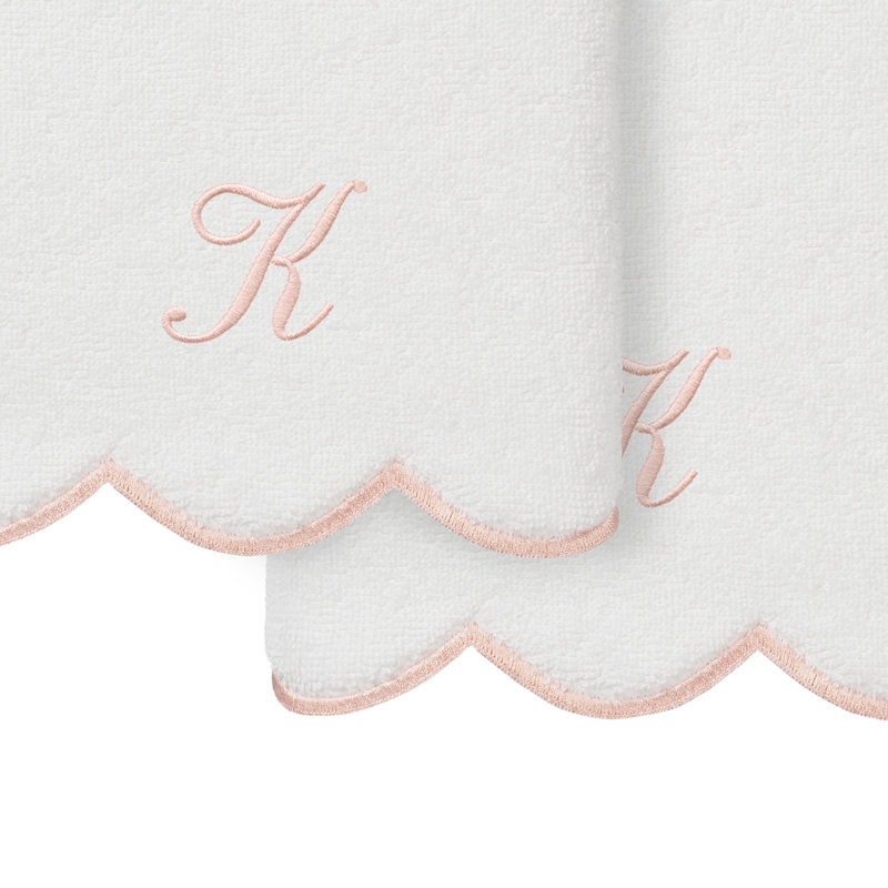 100% Turkish Cotton ADORNIA Scallop 2PC Personalized Hand Towel Set, K, White/Pink, Hand Towel - 2 Pack