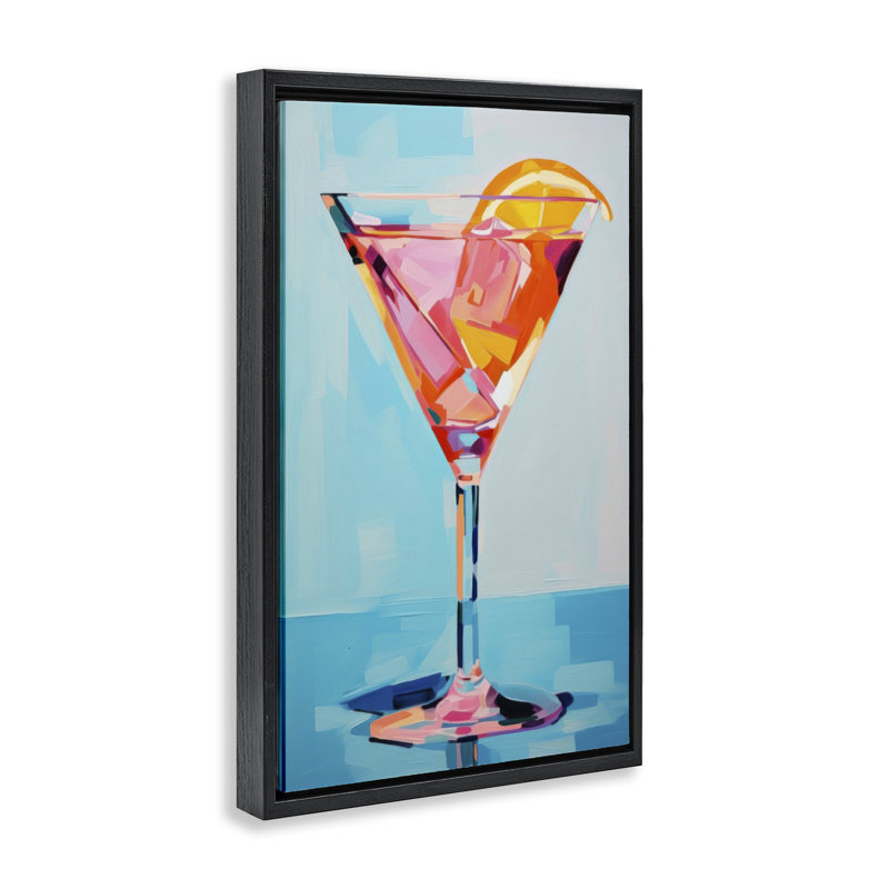  Toile Martini bleue et rose par LSR Design Studio, Cadre flottant noir de jais, H 25 po x l 17 po