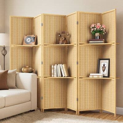 6 Panel Room Divider Privacy Screen with Storage Shelves - Foldable Partition with Sturdy Pine Wood Frame & Breathable Bamboo-Hemp Fabric for Living Room, Bedroom, Office