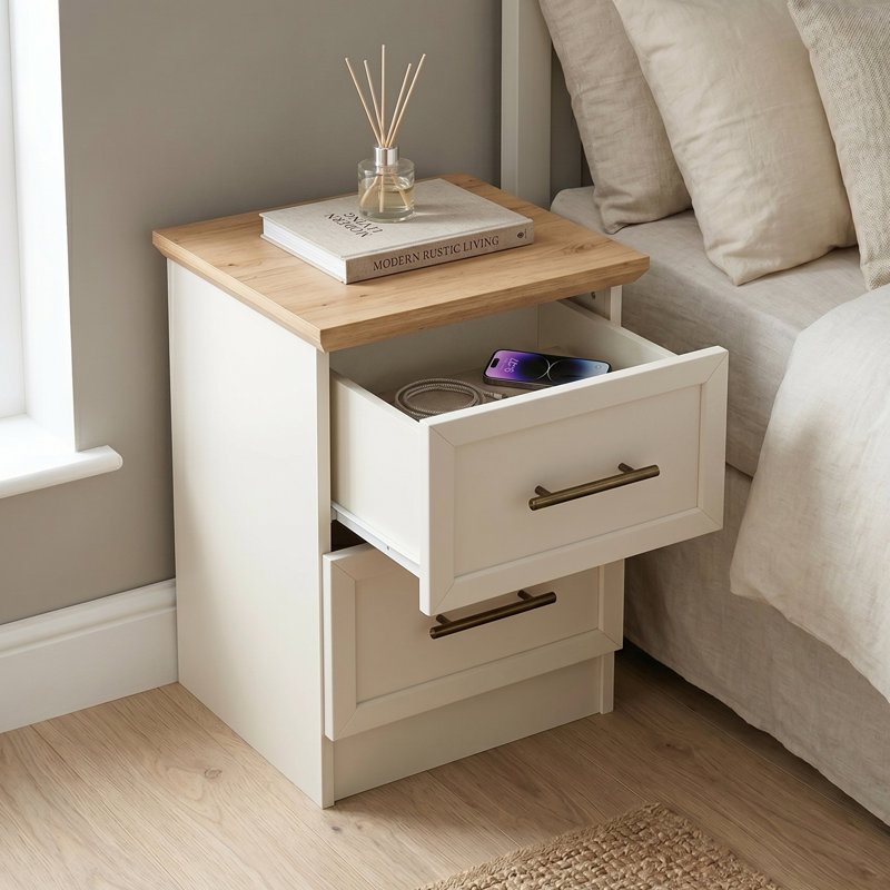 August Grove 2 Drawer Bedside Table, Ivory