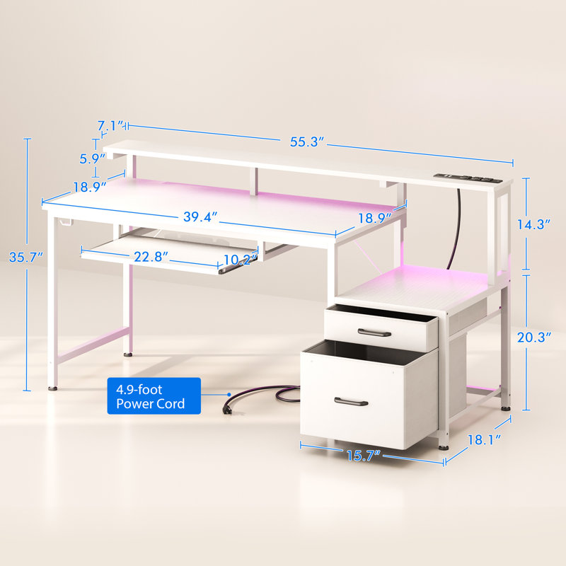 Harleysville Gaming Desk with Led Lights and Built-in Power Socket,Reversible Desk with Monitor Shelf and Cabinet ,Computer Desk with Pull-out Keyboard Tray