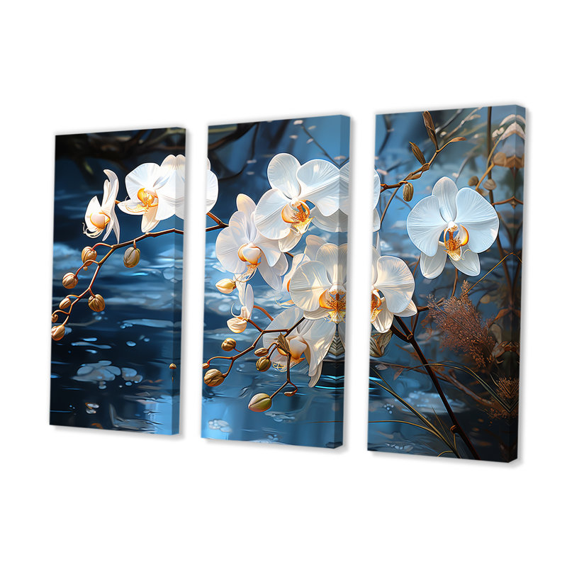 Aquamarine Orchids Sway By A Tranquil Pond Capt - Ensemble de décorations murales Orchidées, H 40 po x l 60 po x P 1 po