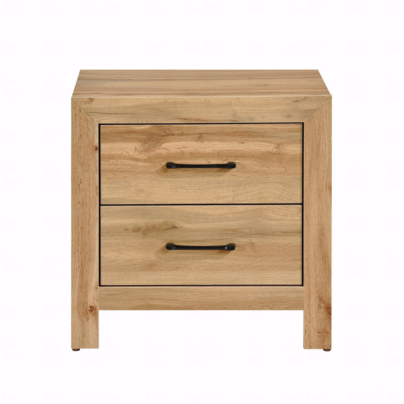 2-Drawers Bedroom Nightstand Storage Bedroom Furniture, Black Finish Handles Bedside Nightstand Table 1Pc, Natural