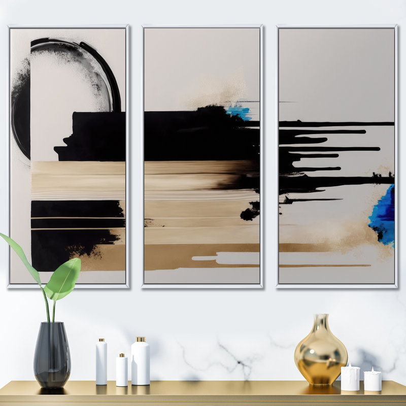 «Blue Minimalist Abstract IV», ensemble d'art mural moderne sur toile, 28" H x 36" W x 1" D, Cadre blanc