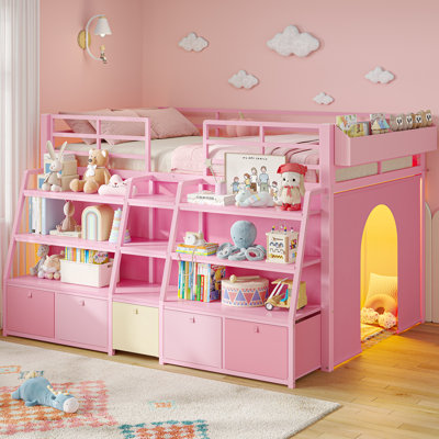 Twin Size Low Metal Loft Bed with 5 Storage Drawers, Open Shelves & Storage Box, LED Low Loft Bed with 13.4" Safety Guardrail & Under Bed Play Space, Space Saving, Pink