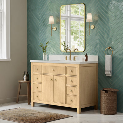 Meuble-lavabo simple 48 po Rian en chêne scandinave, comptoir en quartz blanc, lavabo carré encastré (3 trous), garniture bronze satiné