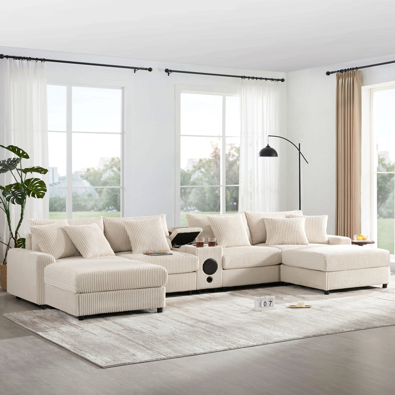 Canapé modulaire en velours côtelé 141,5 * 64 po avec haut-parleurs Bluetooth, canapé en U avec console, chargeur USB, porte-gobelets, rangement, repose-pieds, canapé à sièges profonds et larges pour salon et appartement
