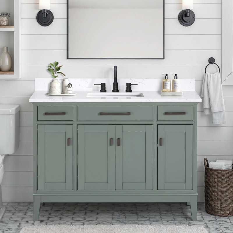 Anglet 48" Single Bathroom Vanity with Top, Smoke Green, Cala White Engineered Stone