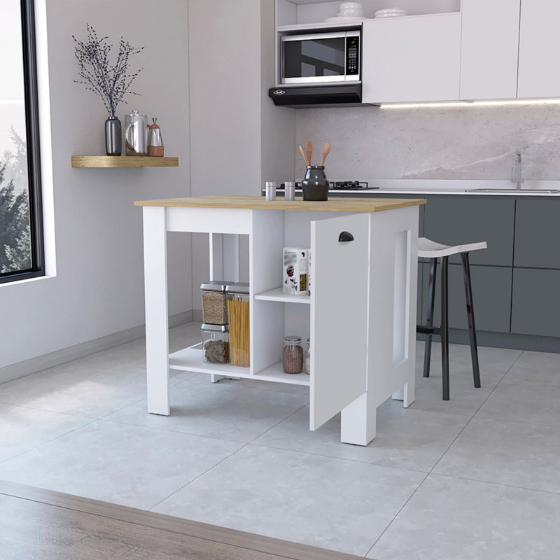 Îlot de cuisine 1 porte avec tablette ouverte blanc et Macadamia, îlot de cuisine