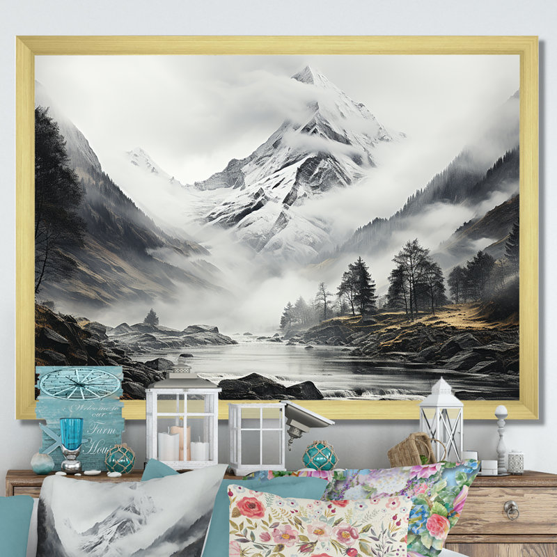 Montagnes alpines monochromes, sommets monochromes, art mural, Cadre doré à coins fermés, H 30 po x l 40 po x P 1,5 po