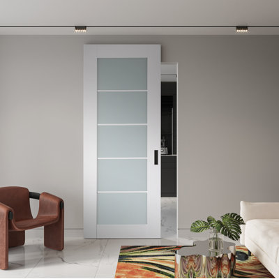 Porte de grange coulissante pour l'intérieur en bois manufacturé blanc poli et verre givré Smart Pro 5 Lite Smart Core