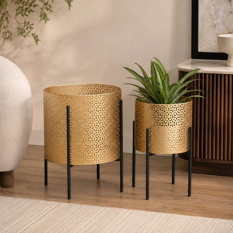 Ensemble de 2 pots de fleurs en métal à découpes pour l'intérieur et l'extérieur, Or
