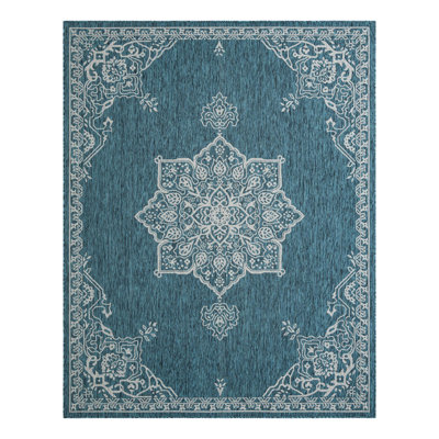 Tapis bleu / gris en polypropylène tissé à la machine à motif oriental Craighead