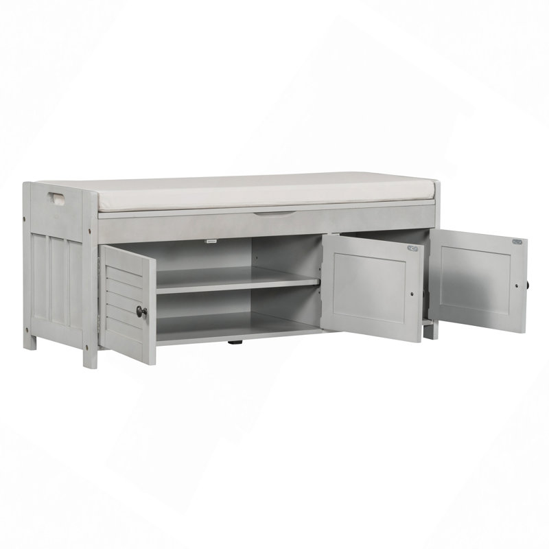Storage Bench With 3 Shutter-Shaped Doors, Shoe Bench With Removable Cushion And Hidden Storage Space, Gray Wash