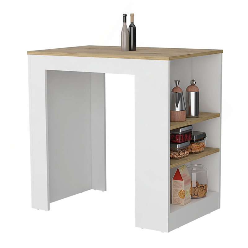 Îlot de cuisine avec 3 tablettes latérales Portree, Naturel / Blanc