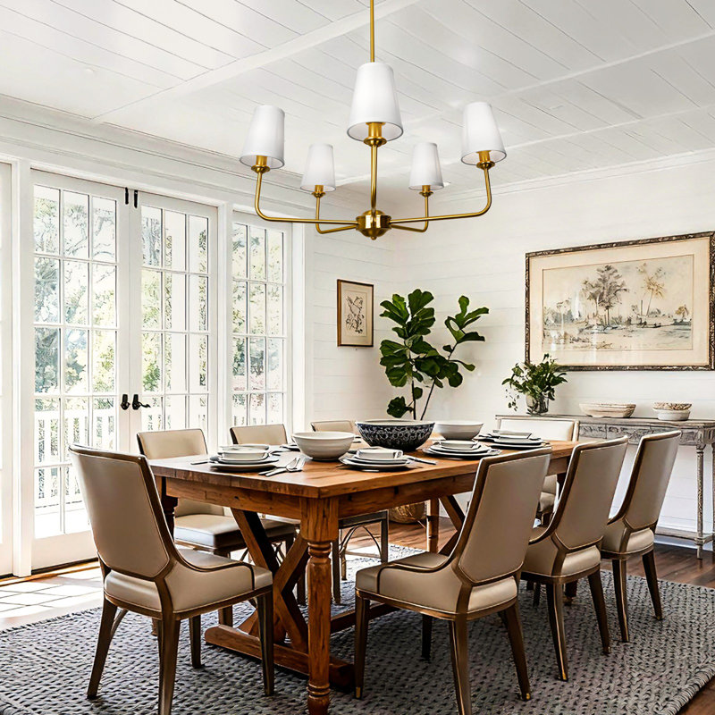 5-Light Gold Chandelier with White Fabric Shades – Adjustable Pendant Lighting for Dining Room, Bedroom & Living Room, gold