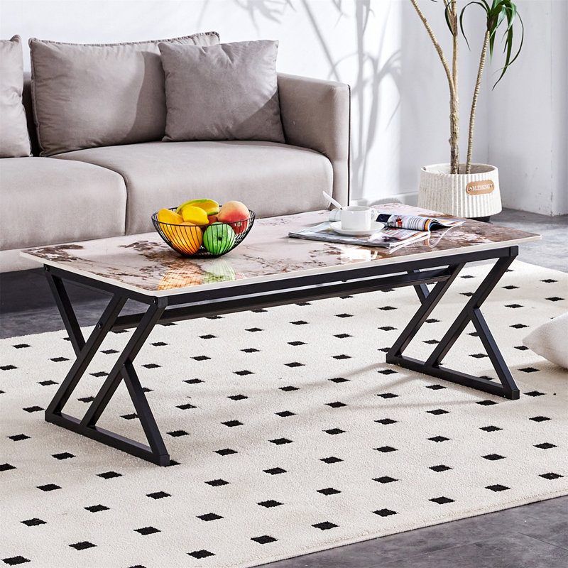 Table basse Stone Slab avec pieds en métal - 47 po x 23,6 po, Blanc / Brun, Noir