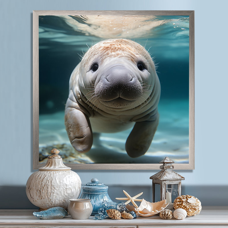 Curious Manatee Gaze III - Art mural lamantin, H 30 po x l 30 po x P 1,5 po, Cadre photo argenté