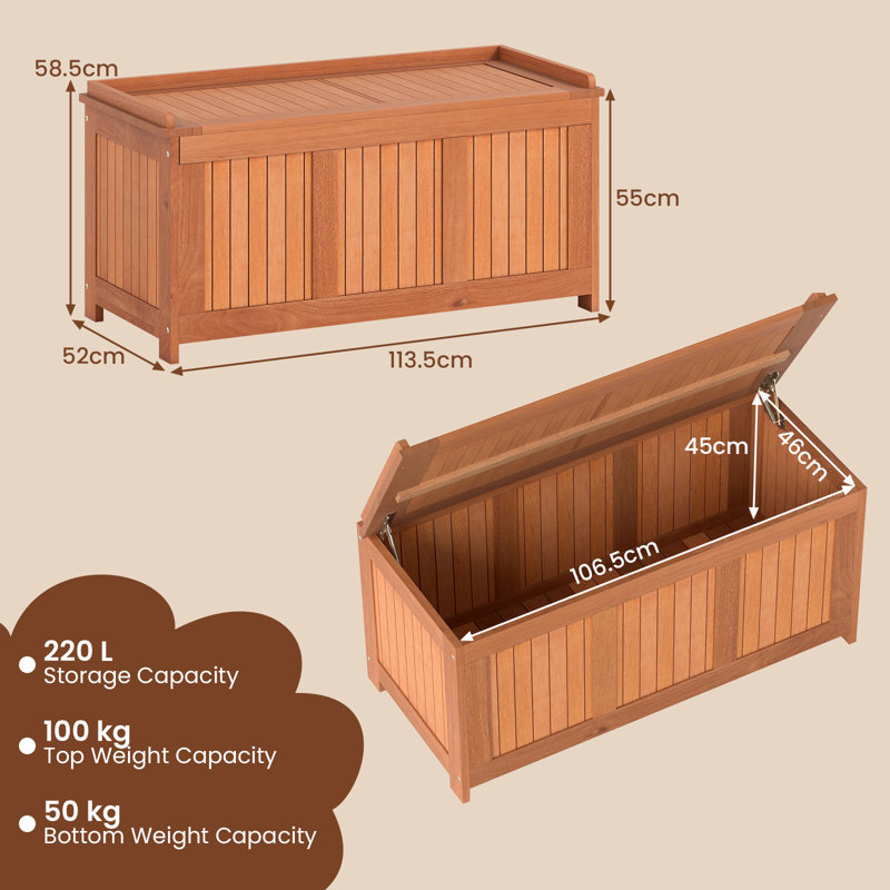 Costway 113.5cm W 220L Solid Wood Deck Box in Brown