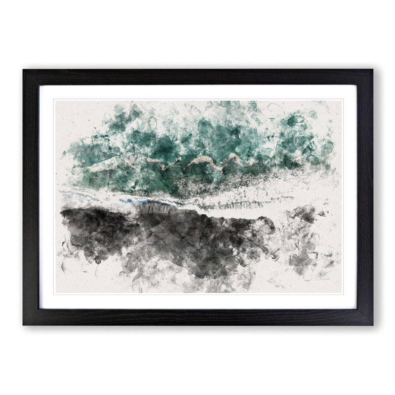 Above The Black Sand Beach In Iceland Watercolour - Single Picture Frame Print on MDF, 62cm H x 87cm W x 2cm D, Black Framed