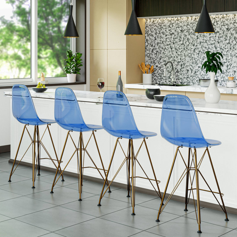 Tabouret Bagimont de 29,5 po de hauteur - Tabouret de bar Mid-Century lustré moderne avec base en chrome doré poli, Bleu