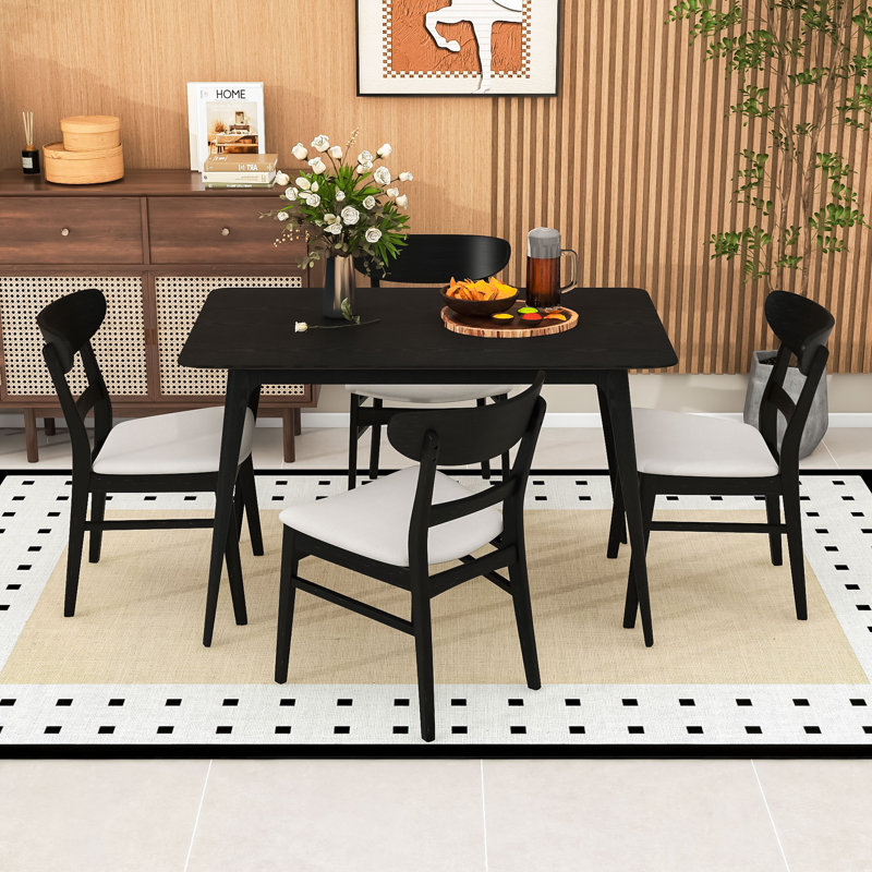 Ensemble repas 5 pièces avec chaises rembourrées Mid-Century, Noir, Noir / beige clair
