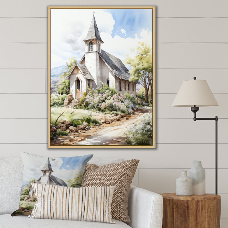 Aquarelle de la chapelle de mariage blanc au printemps rustique, H 44 po x l 34 po, Cadre photo blanc