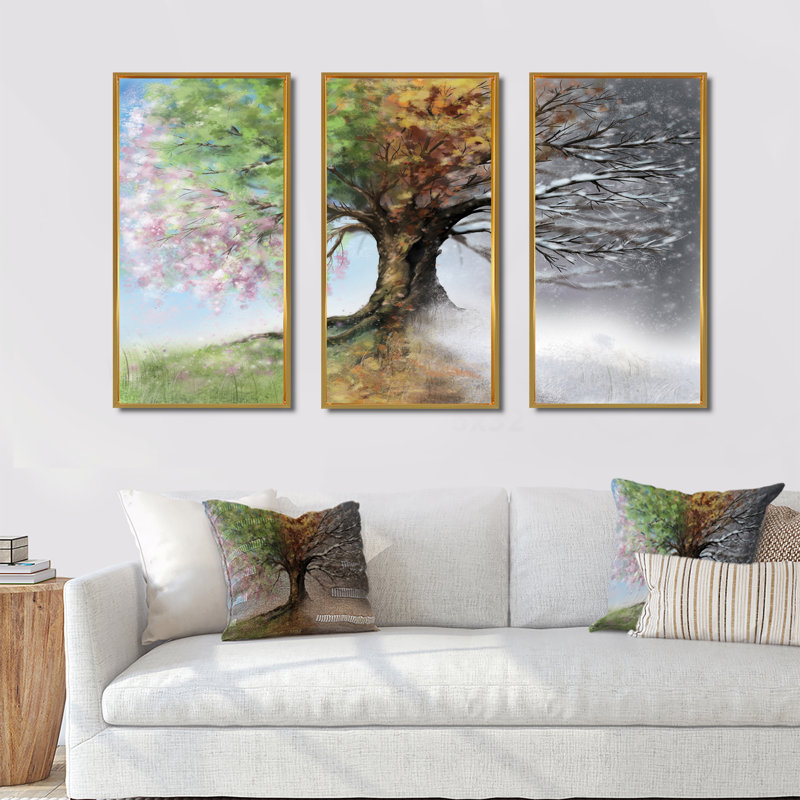 Arbre avec quatre saisons - ensemble d'art mural sur toile encadré paysage de 3, H 28 po x l 36 po, Or