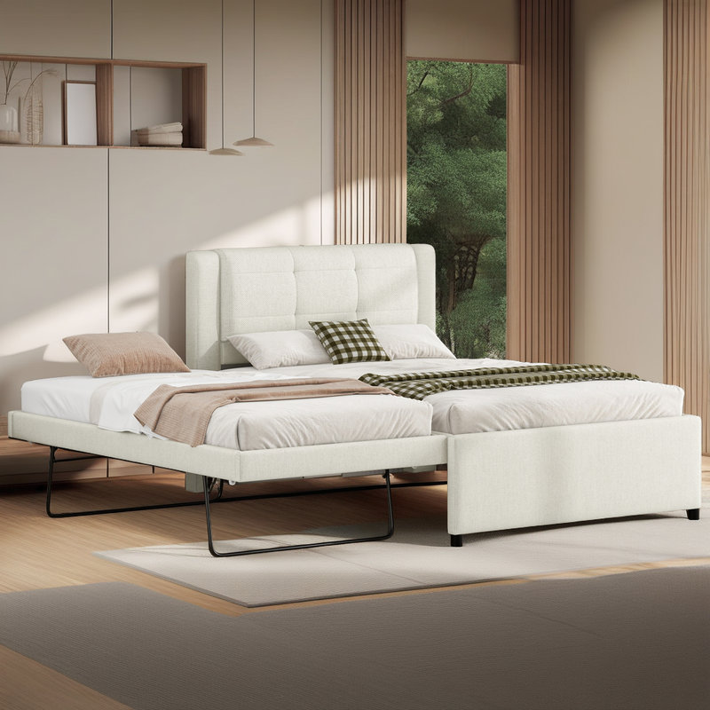 Lit plateforme double tapissier avec lit gigogne escamotable, structure en bois massif