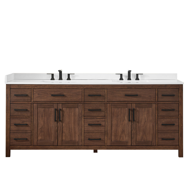 Beckett 84" Freestanding Double Bathroom Vanity with Quartz Top, Dark Walnut, Matte Black, White Quartz