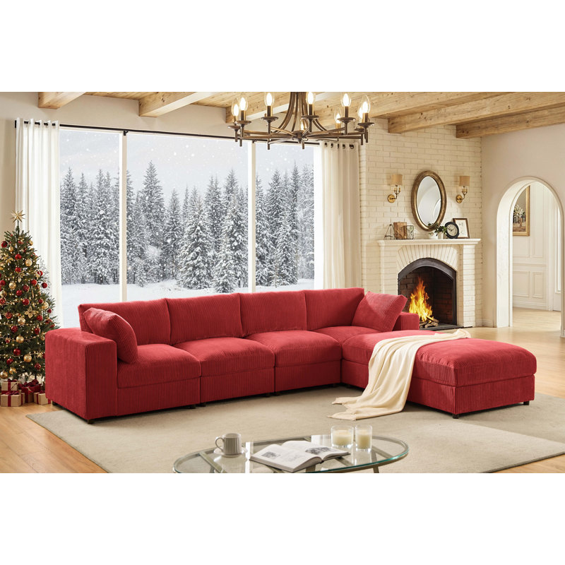 Canapé et chaise modulaire réversible de 138 po de largeur Aprea, Velours côtelé rouge