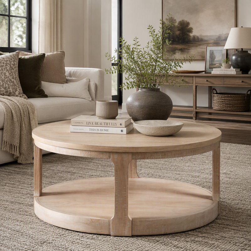 Table basse ronde avec tablette inférieure, roulettes et finition naturelle