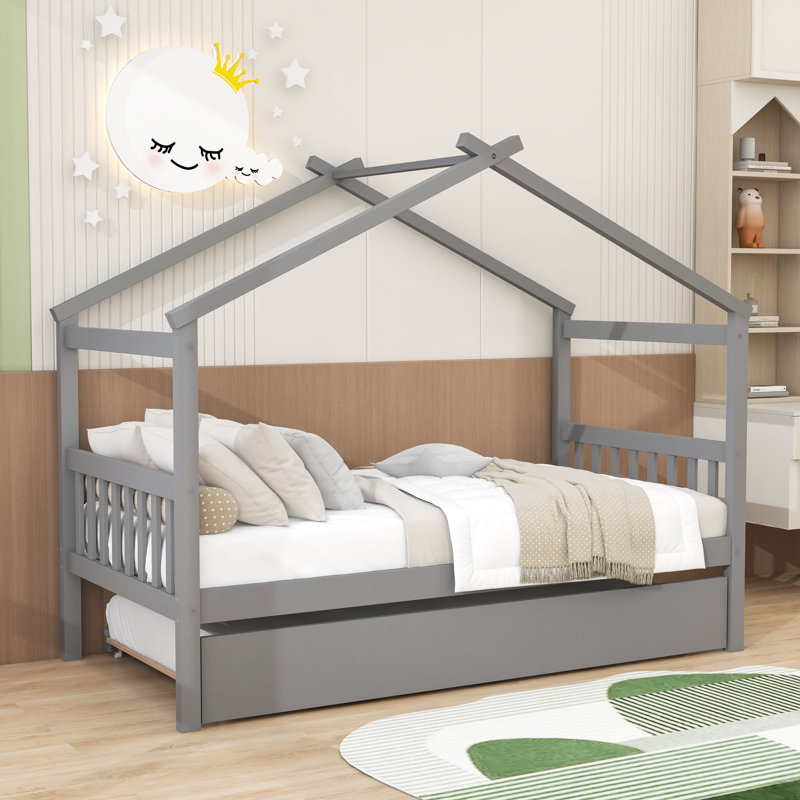 Wood Daybed with Twin Size Trundle, Legs and Slats, Gray, Twin